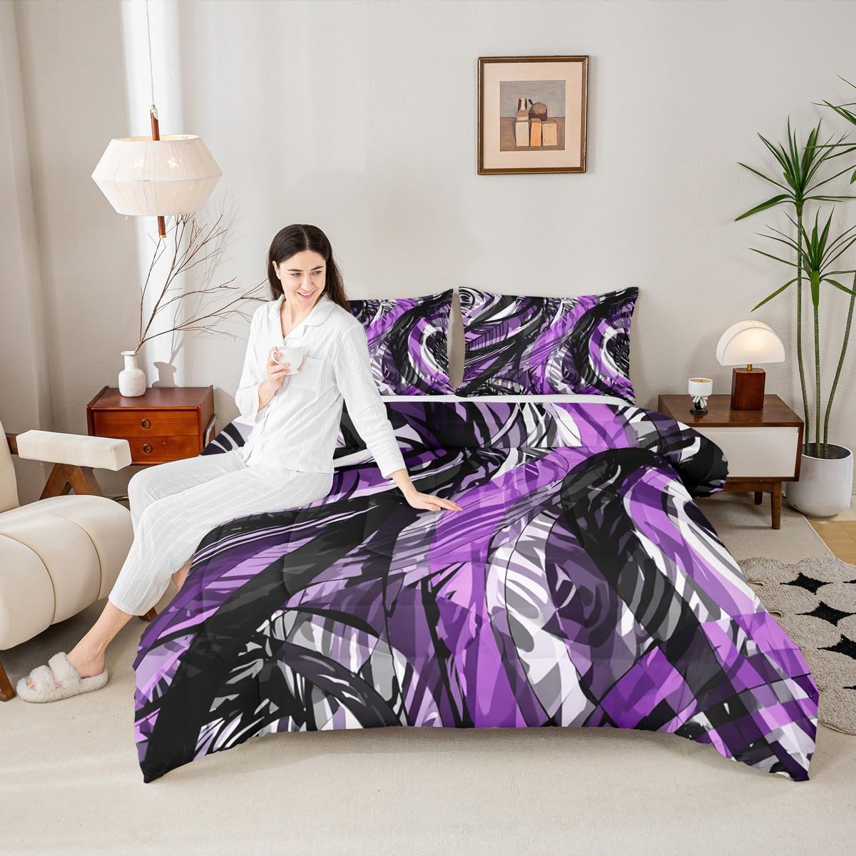 jejeloiu Modern Abstract Comforter Full Size Purple Stripes Black Gray Comforter Set for Boys Girls Adults Retro Spiral Geometric Bedding Set Room Decor Quilt 3Pcs Boys
