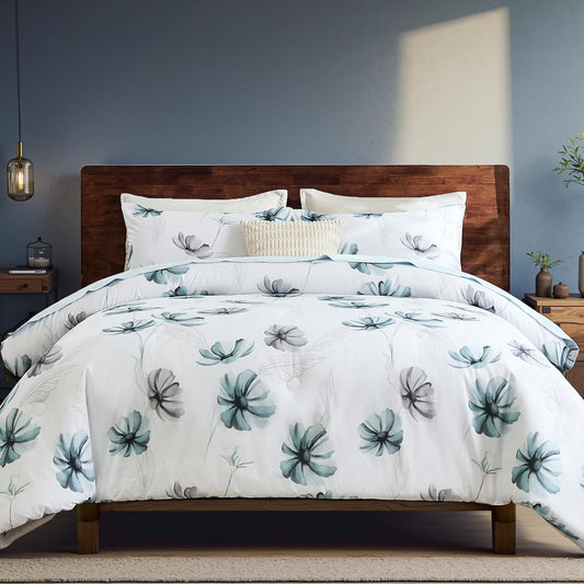 Bedorm Cotton Queen Comforter Set Botanical Floral Bedding Set Green Floral Grey Flower Vintage Country Comforter Women Cottage Core Quilt Comforter