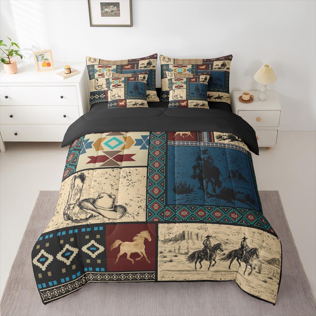 Erosebridal 7 Pieces Western Cowboy Bedding Set Full Size | Cowgirl Patchwork Southwestern Comforter Set for Kids Teens Adults Country Farmhouse Bed in A Bag Horse Rustic Cabin Bedding Collections