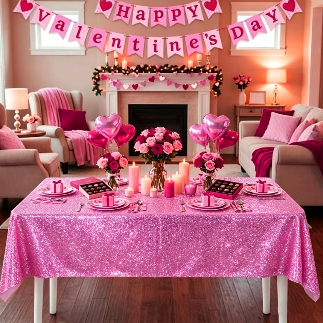 Lesgln 3 Pack Iridescent Pink Tablecloth 54'' x 108'' Disposable Holographic Plastic Rectangle Party Table Cloth Waterproof Oil-Proof for Kpop Birthday Wedding Christmas Theme Party Decorations