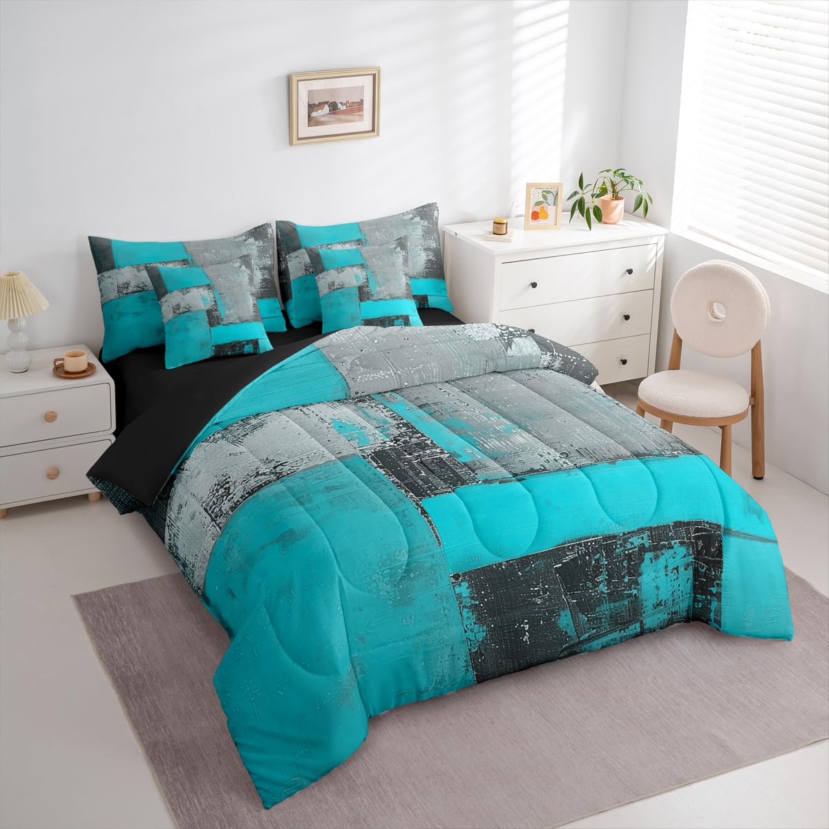 Feelyou Abstract Comforter Set with Sheets 7 Piece King Size Modern Abstract Art Bed in a Bag Kids Boys Girls Luxury Bedding Set Geometric Bedroom Decor Blue Gray Soft Lightweight Microfiber