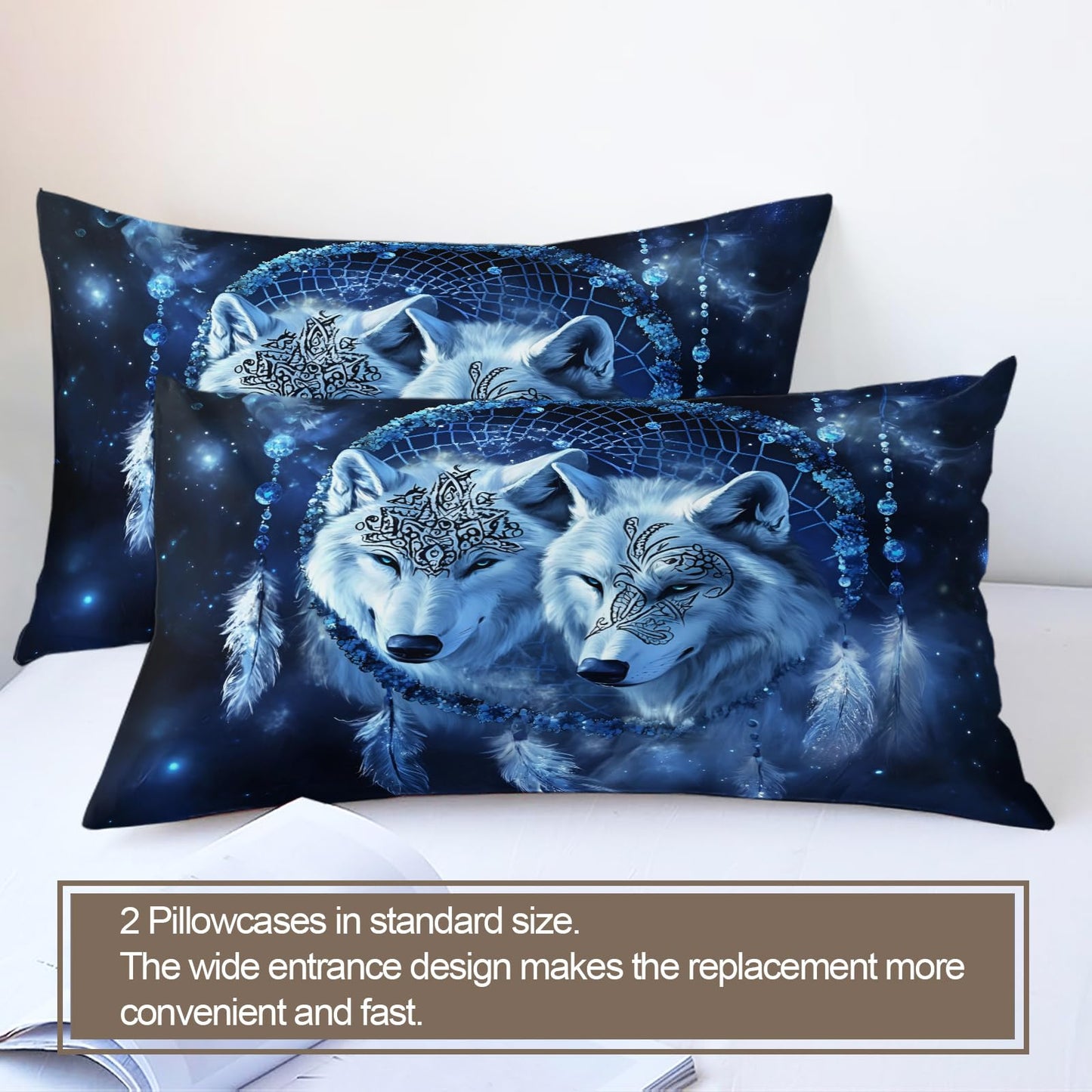 PAISUOQ Wolf Print Bedding, Mystical Wolf Duvet Cover Full, Blue Animals Comforter Cover with Zipper Ties, 3 Pieces with 2 Pillowcases, Home Decor & Gifts