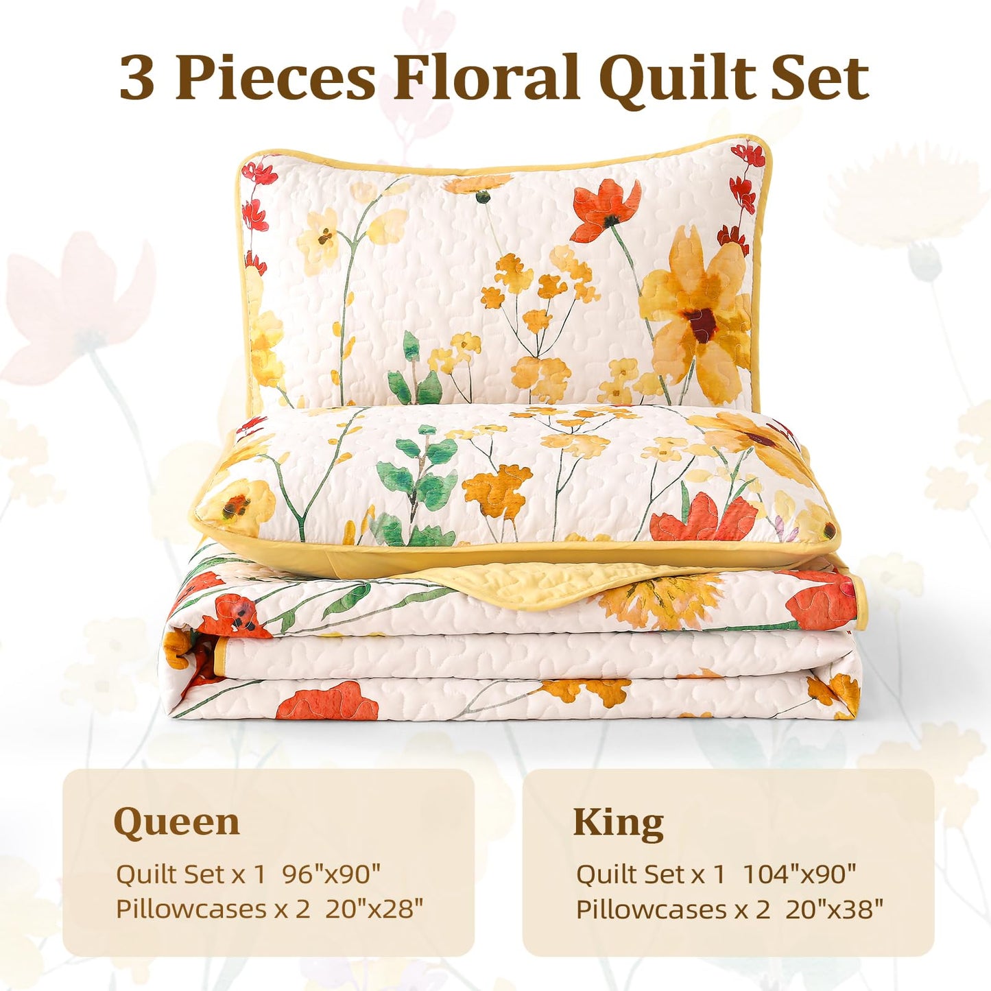Anibedding Quilt Set Queen Size, Yellow Floral Reversible Bedspread Soft Microfiber Lightweight Queen Size Quilt Bedding Sets Reversible Coverlet for All Season(Queen, 96"x90")
