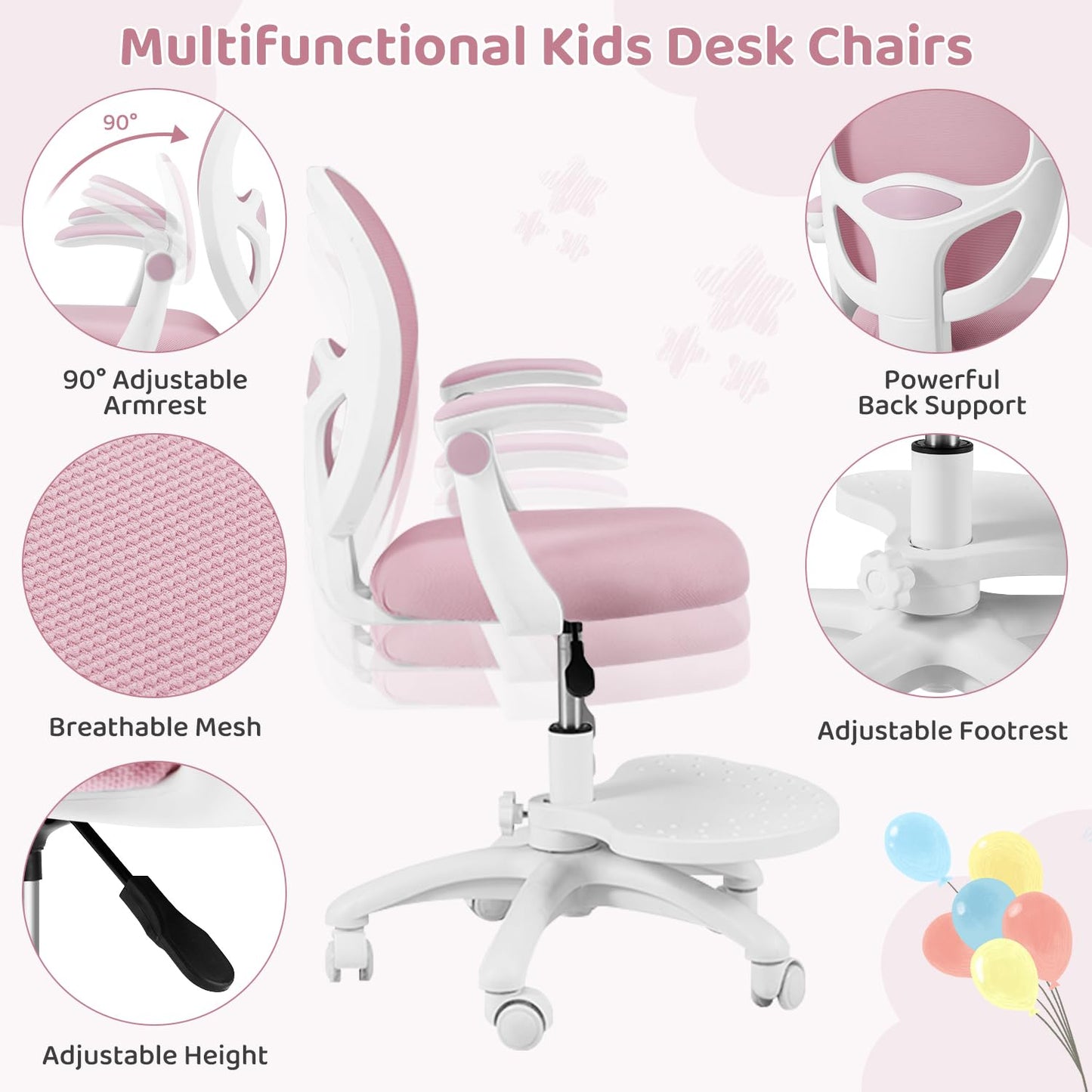 HOMMOW Kids Desk Chair,Ergonomic Study Chairs with Adjustable Height,Breathable Mesh Removable,Non-Slip Footrests,Suitable for Girls Aged 5-12 Years Old,Pink