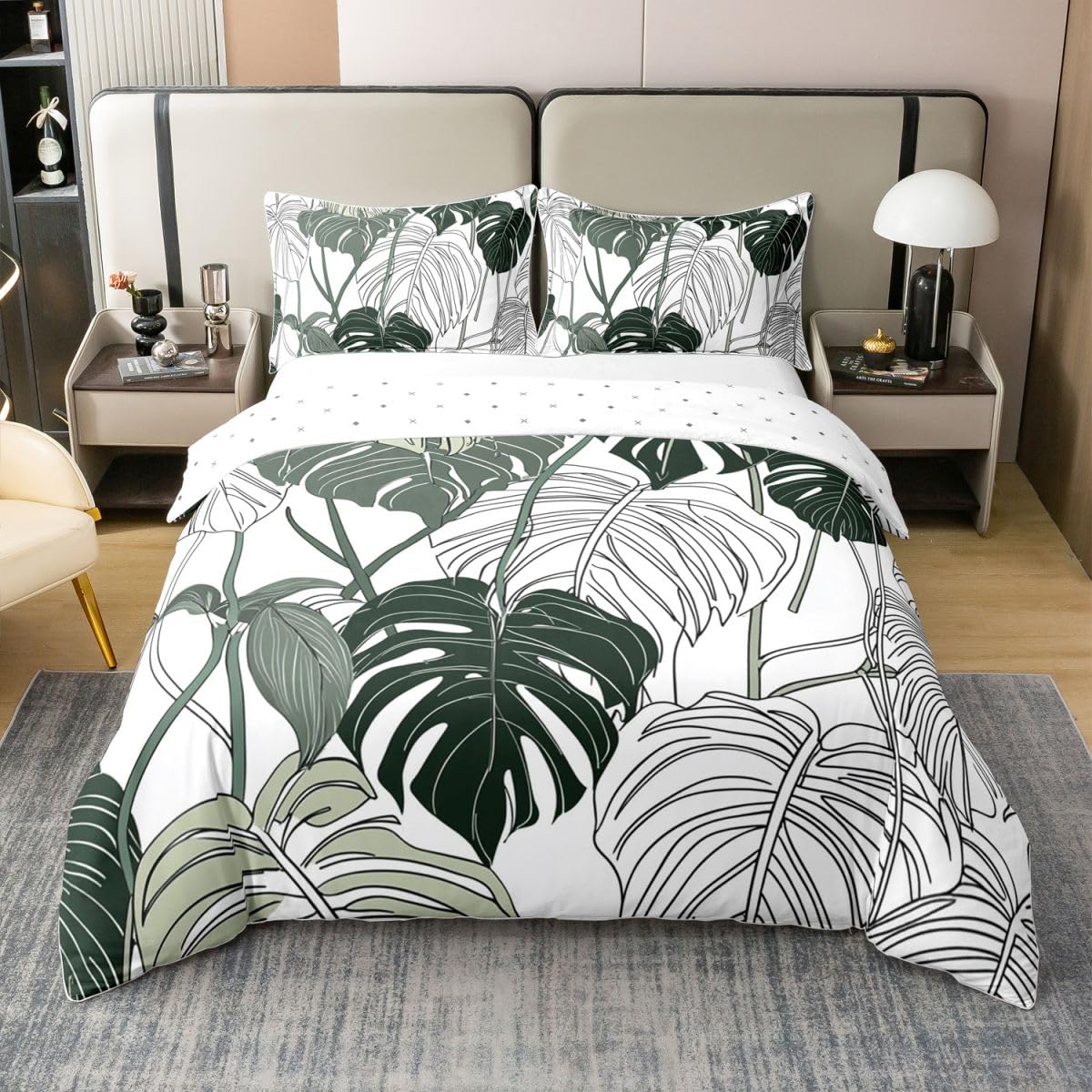 100% Natural Cotton Palm Leaf Bedding Set Monstera Duvet Cover Tropical Leaves Branch Comforter Cover Hawaiian Hippie Botanical Bedspread Cover for Kids Adult, Decor 2Pcs Twin Size, Soft Microfiber