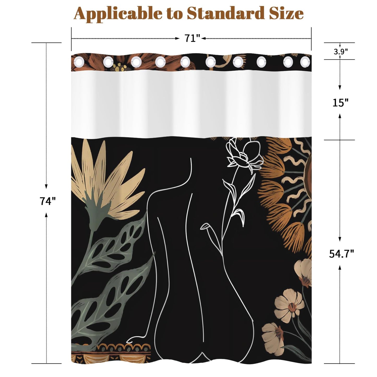 Xiazhilaio Abstract Boho Shower Curtain with Snap in Liner & Mesh Top Window - 71″W x 74″L Waterproof Fabric, Modern Floral Botanical Line Art Bathroom Curtain, Hotel Style No Hooks Bath Curtain Set
