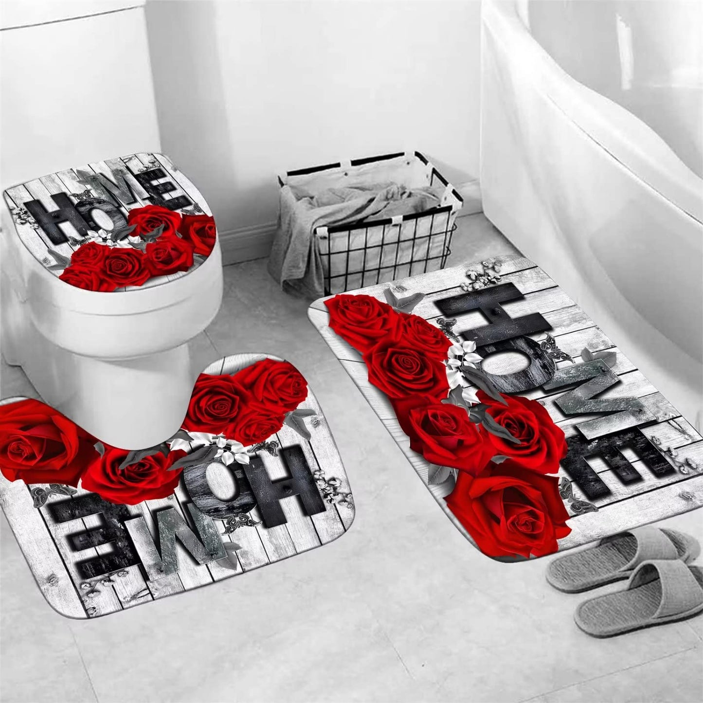 Yddsky Red Rose Valentines 4 Pcs Shower Curtain Sets Non-Slip Rugs Bath Mat Toilet Cover U Shaped Mat Romantic Red Bathroom Decor with 12 Hooks Valentines Day Bathroom Set