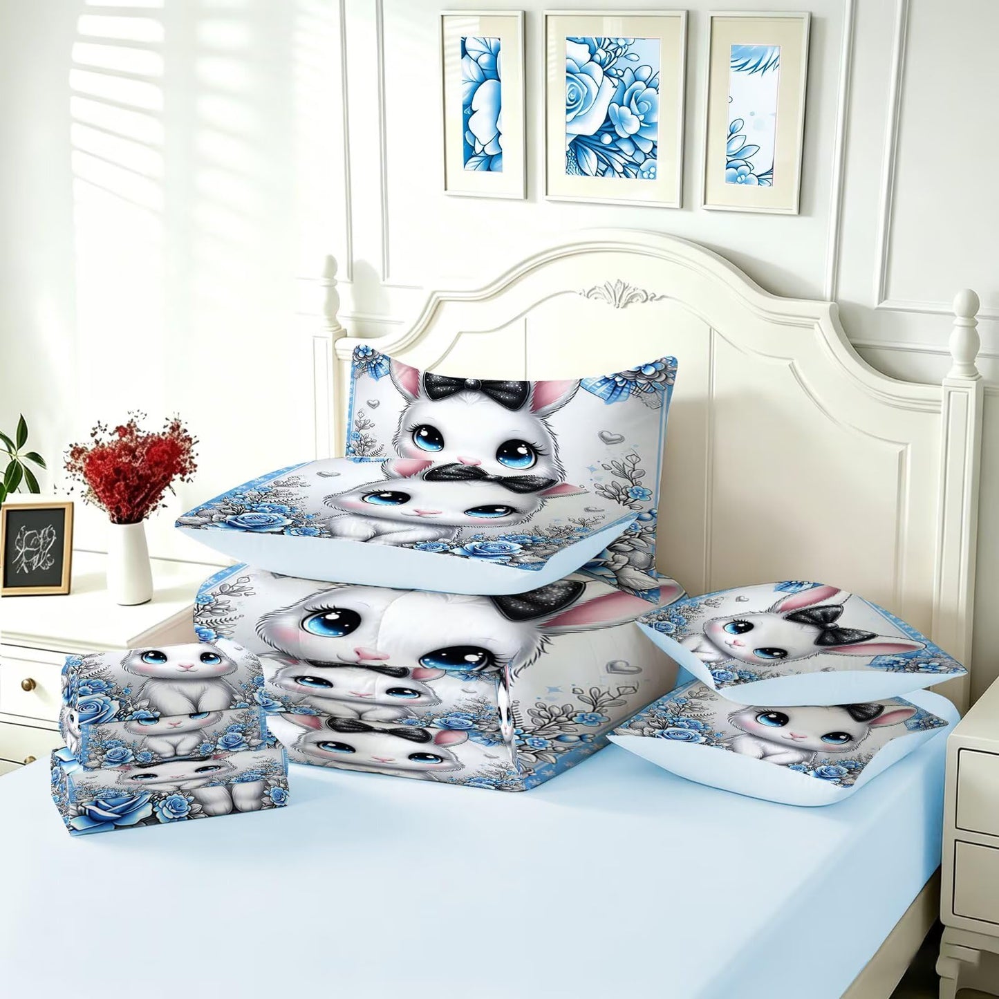 FUYEUN Rabbit King Comforter Set with Sheets for Kids Boys Girls Print 7 Pieces Cute Bedding Set Blue Cartoon Animal Bed in a Bag Princess Room Decor