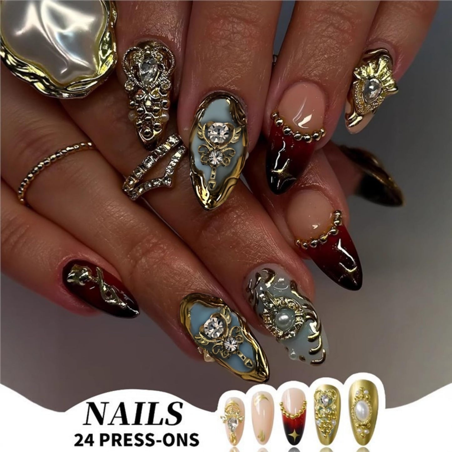 SEENEEY Almond Press on Nails Medium Fake Nails Gold Artificial Nail with Rhinestones and Gold Charm Designs French Tip Sparkly Stick on Nail for Women 24pcs