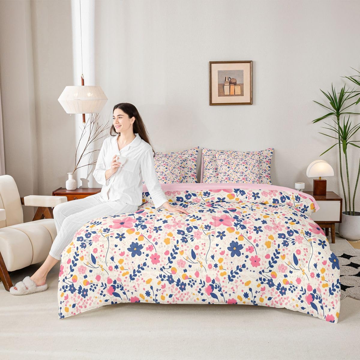 Erosebridal Floral Flowers Girly Pink Yellow 7 Piece Bedding Set Twin | Garden Botanical Comforter Set with Sheets Leaves Aesthetic Bed in A Bag Teens Women Adults Bed Sets