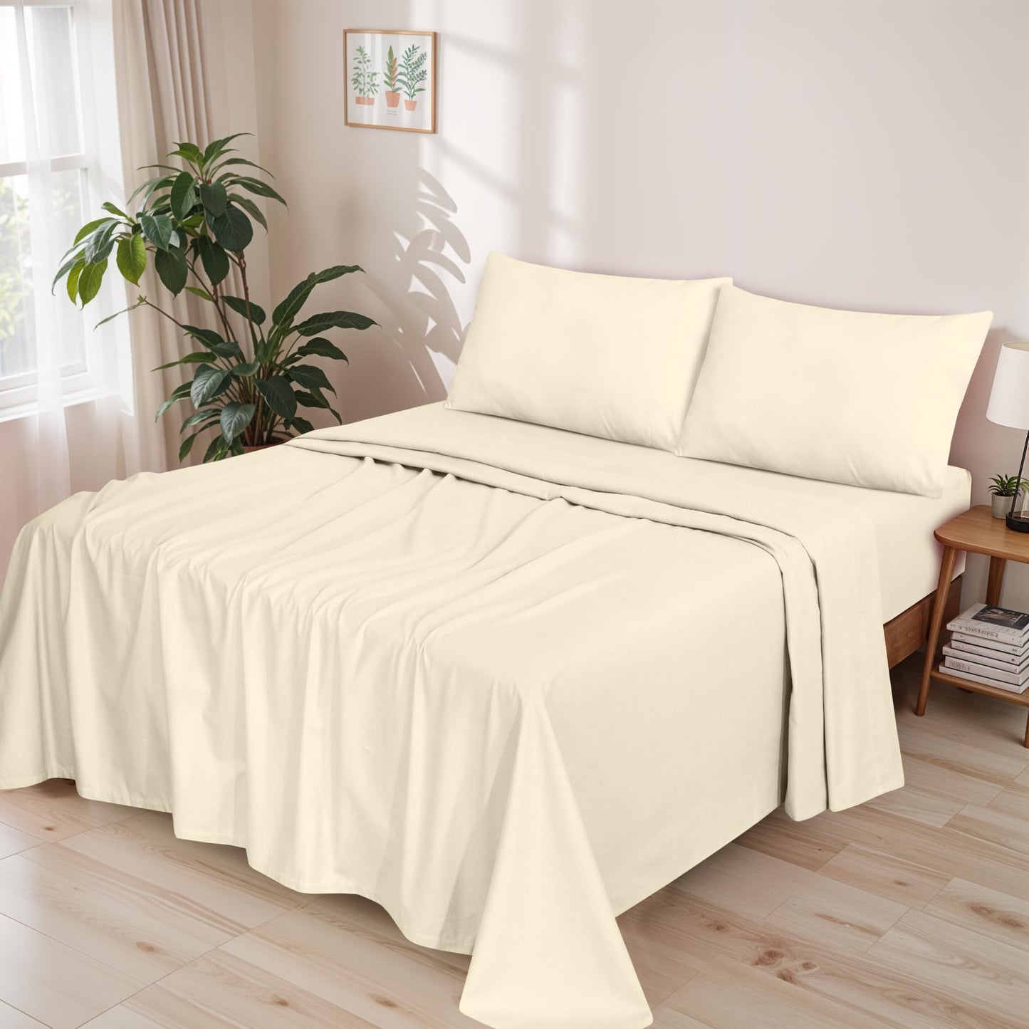RUVANTI Flannel Sheets Queen Size - GOTS Certified 100% Organic Cotton, 4 Piece Warm, Soft & Breathable Set, Deep Pocket Snug Fit, Double Brushed Cozy All Season Bedding, Winter White