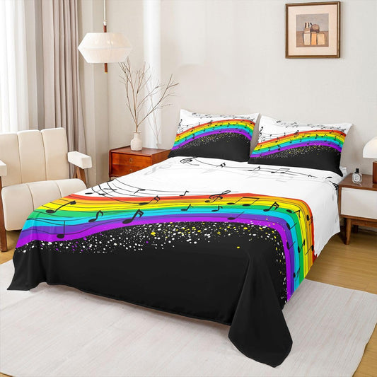 Erosebridal Music Sheet Set Colorful Dots Fitted Sheet,Musical Notes Bed Sheets Rainbow Striped Bedding Set Fashion Watercolor Bedroom Decor Full Size,Balck and White