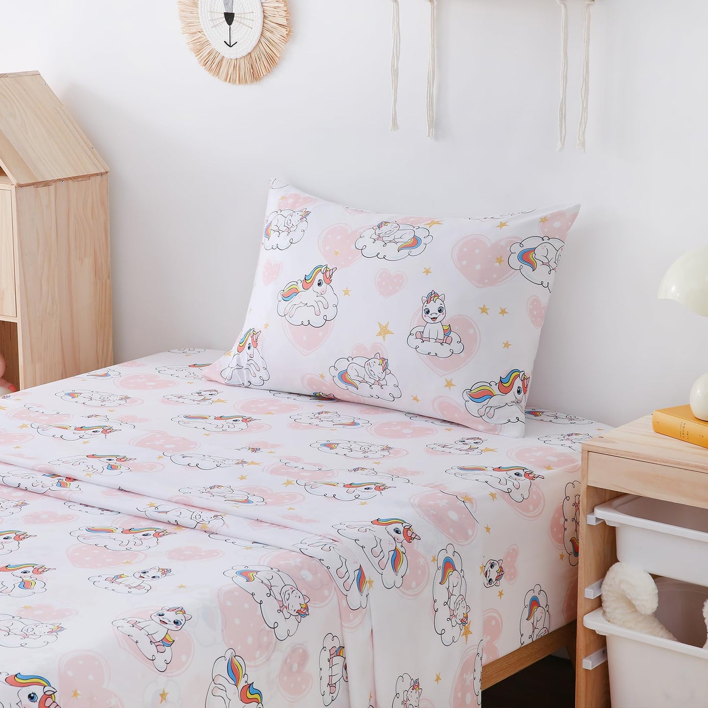 Yibeizi Twin Sheets Set Kids, Unicorn Pattern Microfiber Single Bed Sheets, Cute Heart Soft Oeko-Tex Extra Deep Pocket Sheets & Pillowcases Cooling Hypoallergenic Wrinkle Free Bedsheets