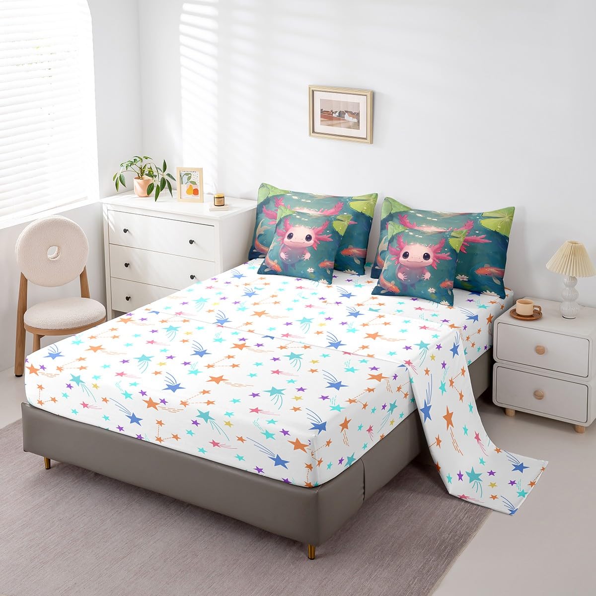 Feelyou Kids Cute Axolotl 7 Pieces Bedding Set Twin Size, Cartoon Salamander Bed in A Bag Ocean Sealife Comforter Set with Sheets Boys Girls Kawaii Animal Teens Bed Set Bedroom Decor 7Pcs
