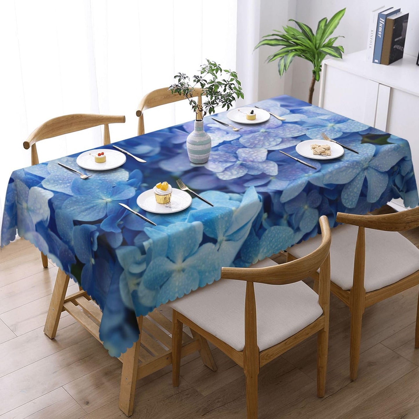 DRAVVIX Blue Hydrangea Flower Rectangular Tablecloth Floral Table Cloth with Wavy Lace Decoration Polyester Table Cover for Dining, Parties 54x72 inch