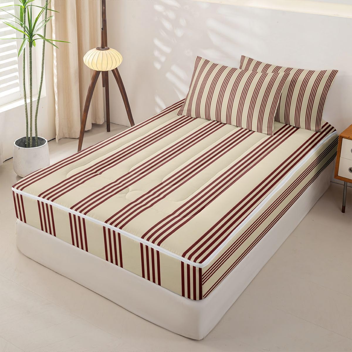 Feelyou Stripes Comforter Set Geometric Zipper Bedding Full Luxury Boys Girls Comforter Set with Fitted Sheet and Pillowcases Bed Sheet Sets with Fitted Pillowcases for Bedroom Bed Decor