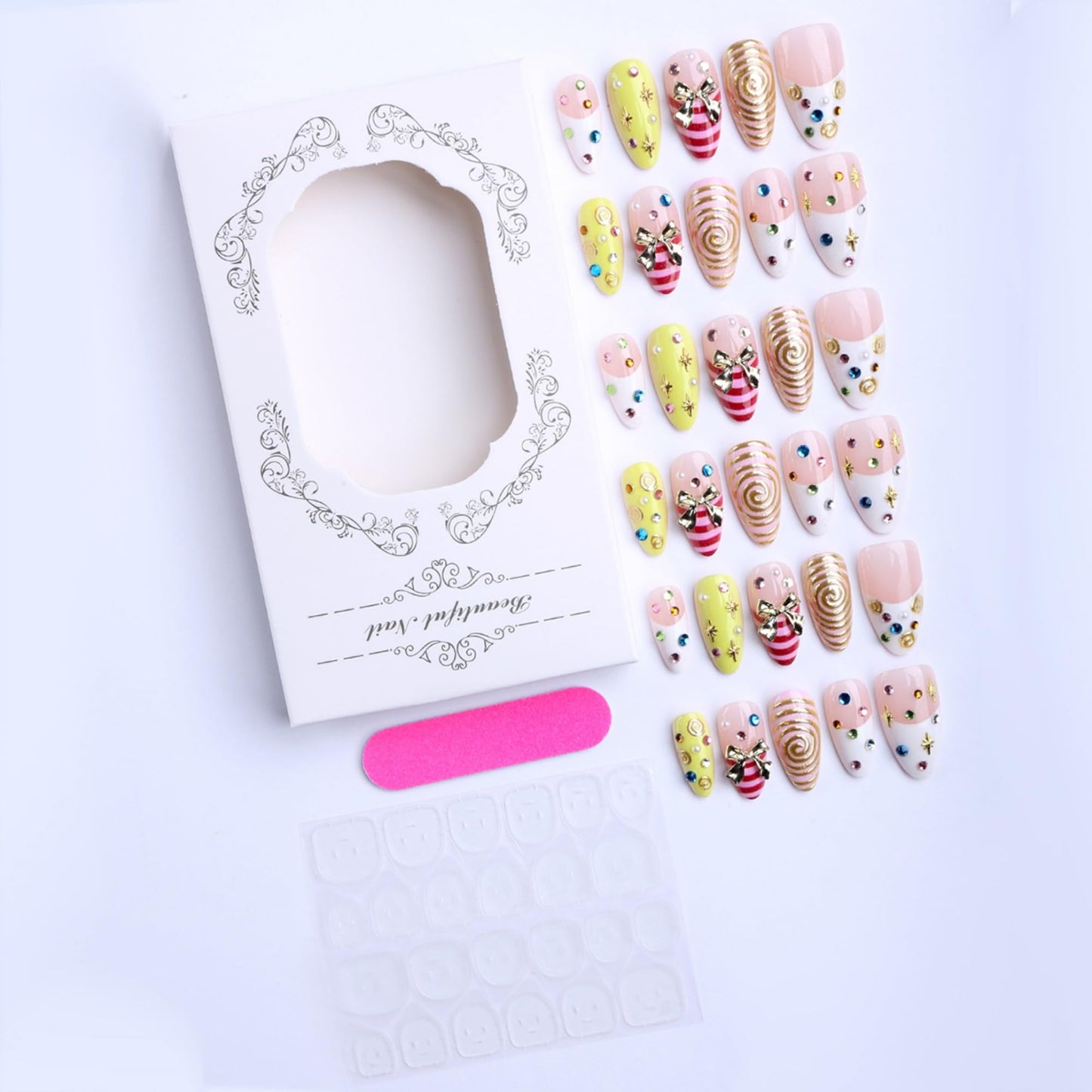 Octoswave Long Almond Press on Nails with 3D Bow, Spiral & Rhinestone Accents – Vibrant Acrylic Fake Nails for Women, Perfect for Parties, Weddings, Holidays & Daily Glam (30Pcs)