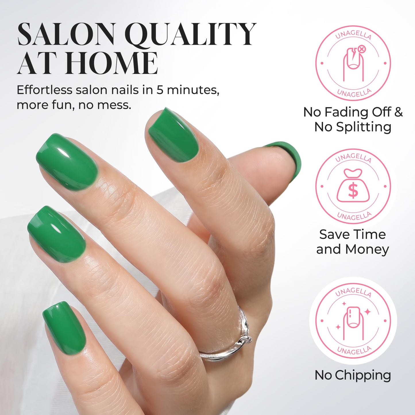UNA GELLA Square Press On Nails - 32Pcs 16 Sizes Vibrant Kelly Green Fake Nails with Glue and Adhesive Tabs, Opaque Reusable Glue On Nails Kit for Women Manicure