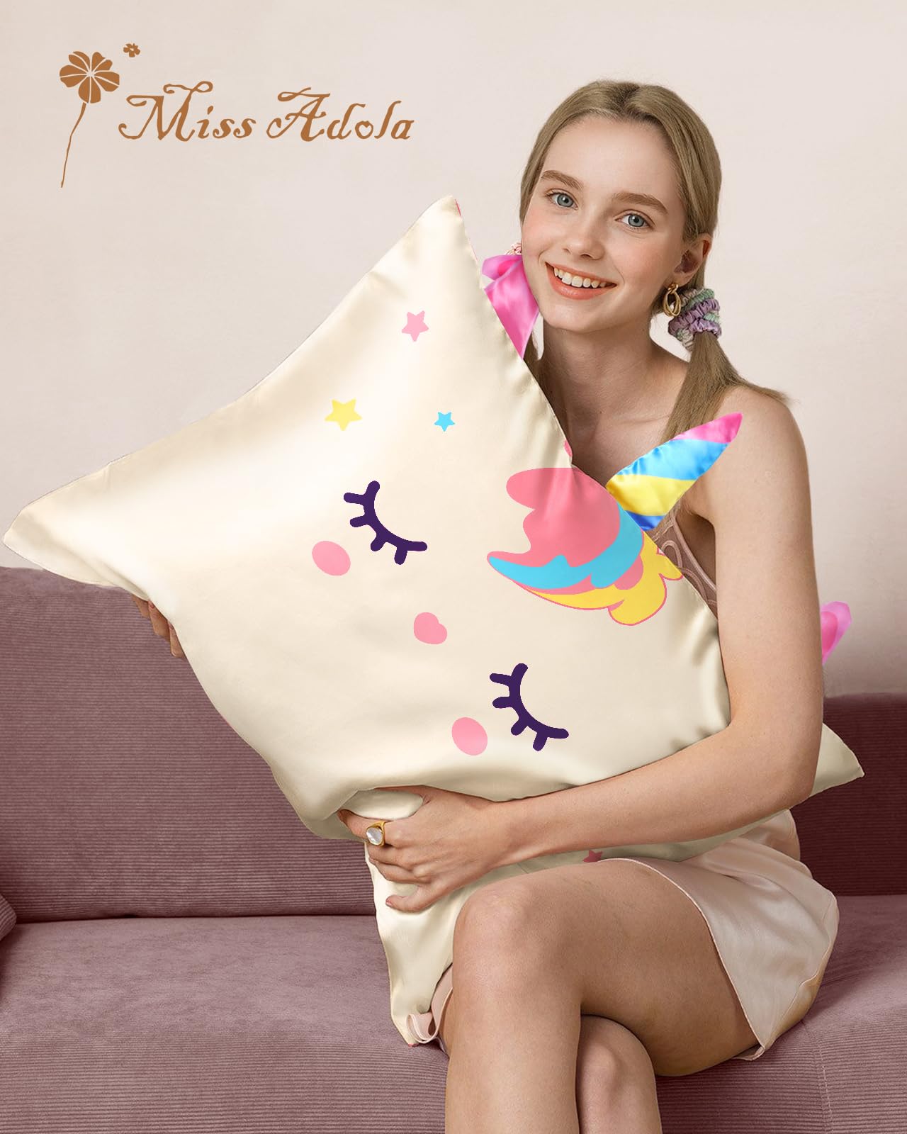 Miss Adola Kids Pillowcases Standard Size 20"x26" - Cute Cartoon Soft Breathable Silk Pillow Cases for Hair and Skin with Hidden Zipper for Girls Fun Kawaii Design for Bedding, White Unicorn