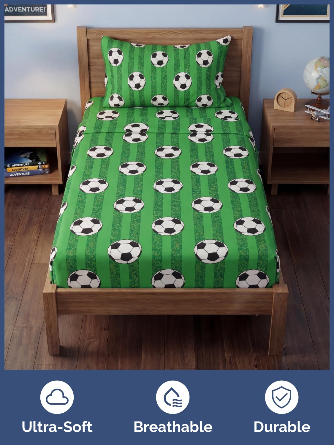 CGK Unlimited Kids Soccer Twin 3 Piece Sheet Set - Boys, Girls, Teens, Toddler - Easy Fit Deep Pockets - Ultra Soft, Cooling & Breathable Sheets - Cute, Cozy, Fade and Wrinkle Free - Machine Washable
