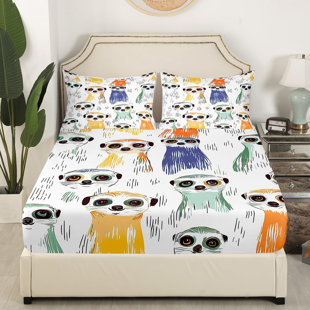 Feelyou Kids Meerkat Sheet Set for Boys Girls Cartoon Wild Animal Bed Sheet Set Cute Southern African Mongoose Bed Sheets Children Bedroom Decor Bed Set Full Size 4Pcs