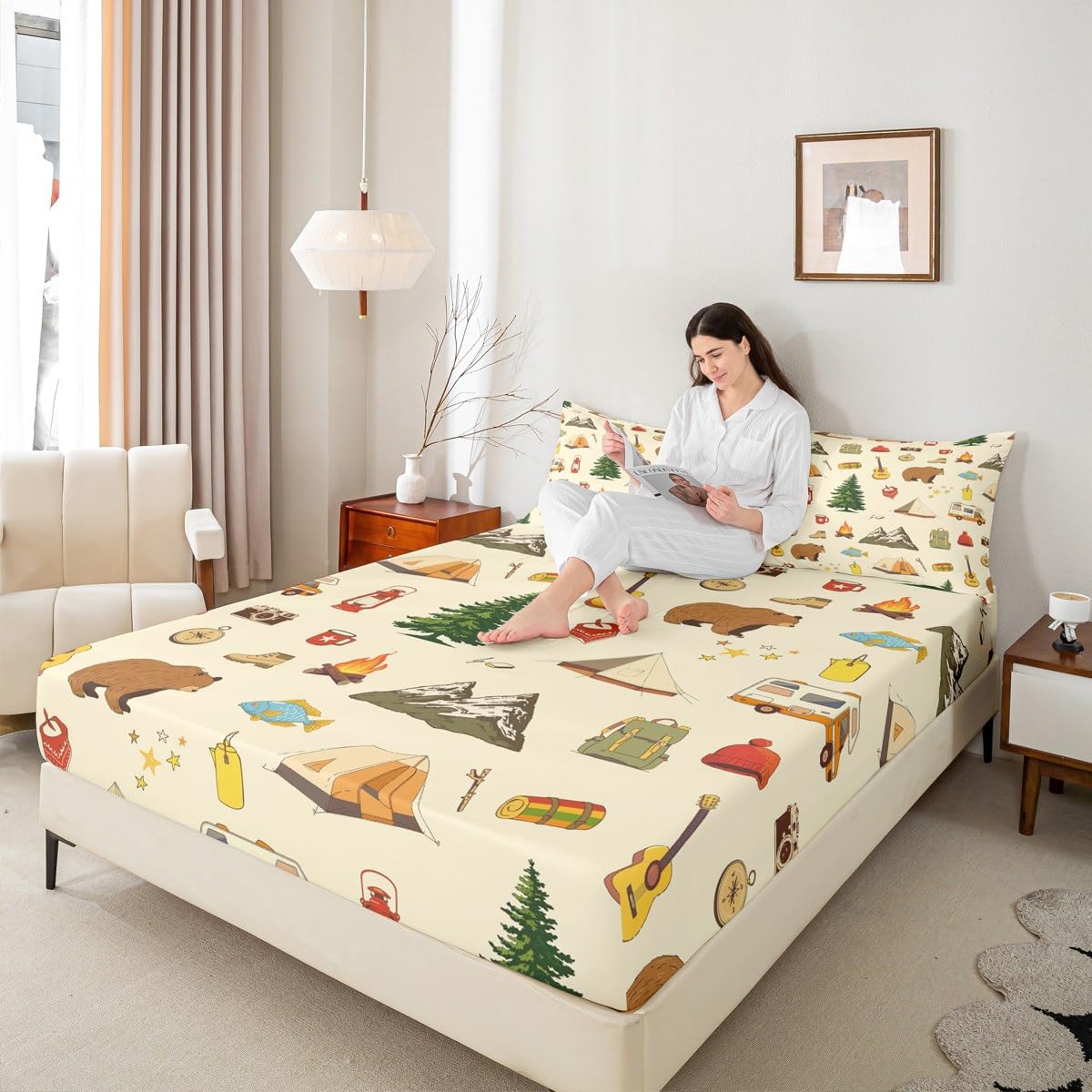 Camping Adventure Fitted Sheet Twin for Boys Teens Girls Kids Room Decor Cartoon Bear Tent Mountain Tree Bed Sheet Outdoor Life Bedding Set 2pcs Traveling Lover Deep Pocket Sheet,1 Pillowcase