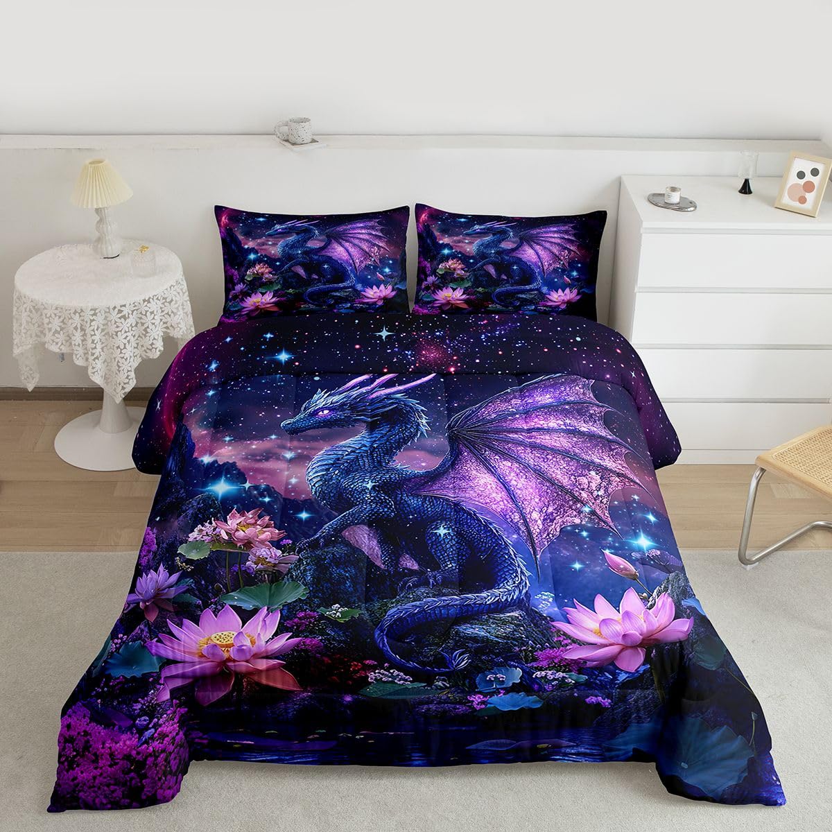 Feelyou Dragon Comforter Set Twin Size Dragon Stuff Bedding Set for Kids Boys Girls Wild Life Duvet Quilt Magic Wildlife Bedroom Decor Dull Purple Microfiber 2 Pcs with 1 Pillow Cases