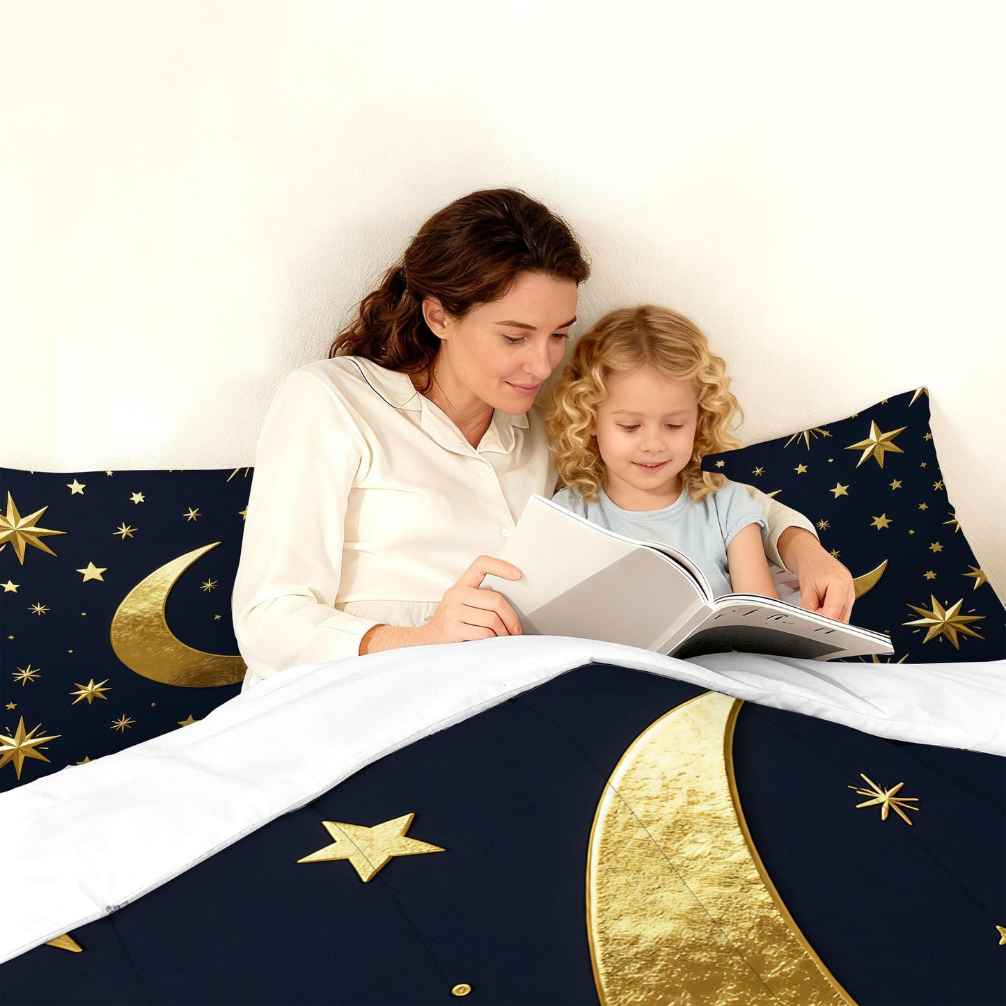 VTKON Gold Moon and Stars Bedding Set, Luxury Celestial Night Sky Comforter Set, Gold Starry Print Bed Set for Girls Bedroom Decor (Queen Size 3Pcs with 2 Pillow Cases)