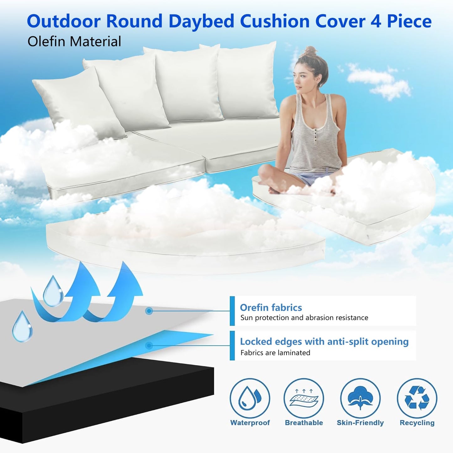 4PC Outdoor Round Daybed Cushion Cover with Zipper & Anti-Slip Particles,Circle Sun Island Sunbed Mattress Covers Waterproof,Patio Day Bed Cushions Slipcover ONLY COVER (White, 66*66*4inch)