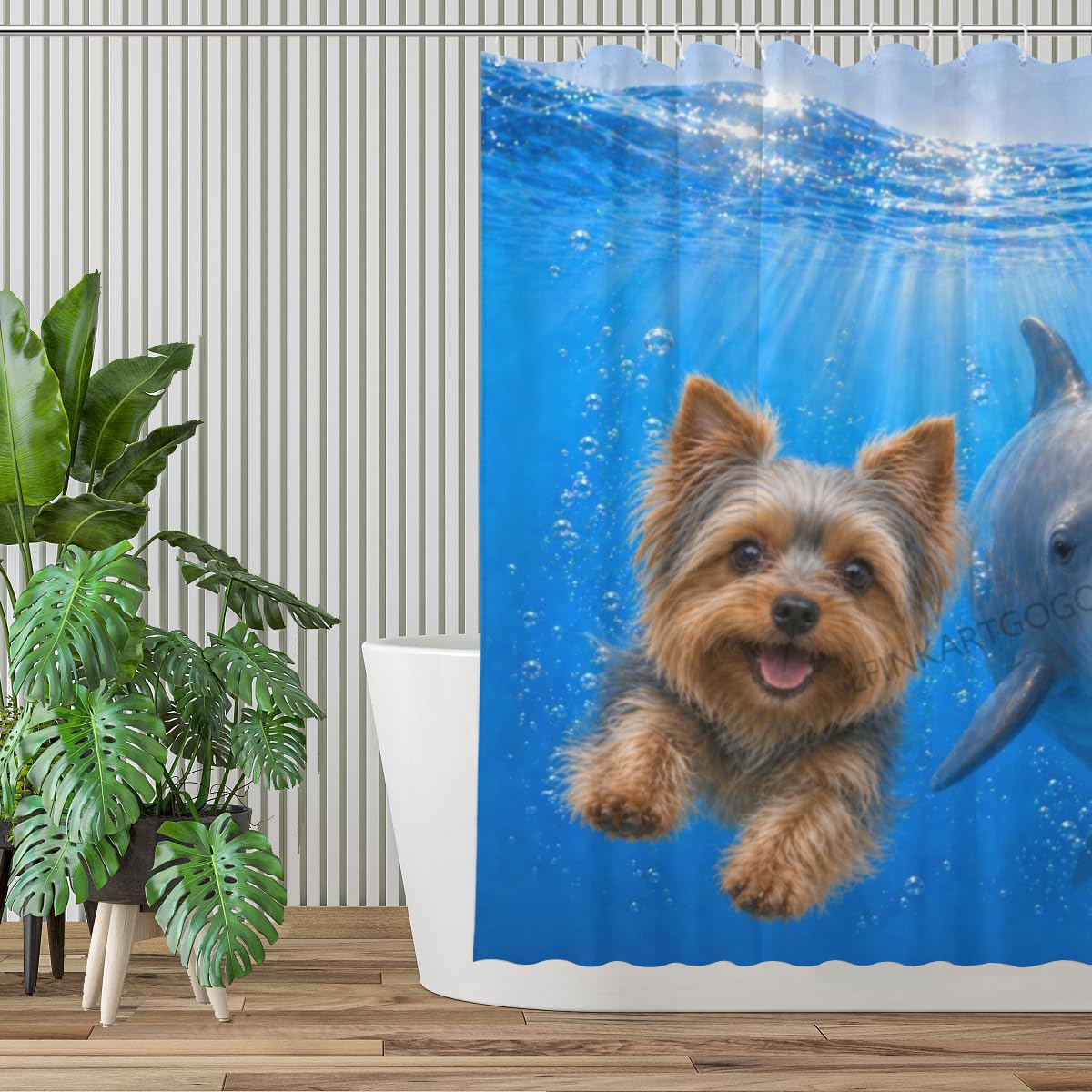 LFINKARTGOGO Ocean Yorkshire Terrier Shower Curtain 72x72 with 12 Hooks Underwater Animal Dolphin Waterproof Washable Polyester Bath Curtain for Home Hotel Decor