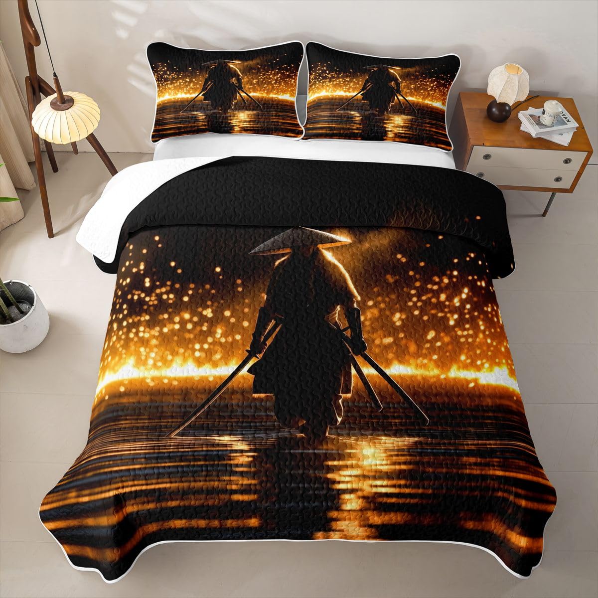 Erosebridal Samurai Quilt Twin Size - Japanese Bushido Spirit Bedspread Black and Gold Warrior Bed Coverlet with 1 Pillowcase