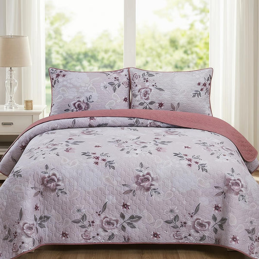 SANOCAY Boho Floral Quilt Set King Size, 3 Piece Lightweight Summer Bedding Set with 2 Pillow Shams, Soft Reversible Microfiber Bedspread, Farmhouse Coverlet for All Season (Dark Purple Rose, King)