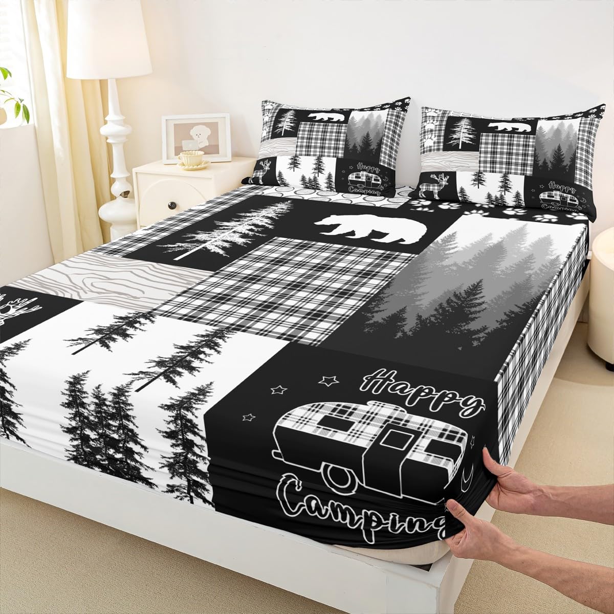 Erosebridal Bear Sheet Set Queen Size,Deer Hunting Woodland Rustic Cabin Bed Sheets for Boys Girls Kids Adult,Camping Adventure Geometric Plaid Patchwork Fitted Sheet,Xmas Pine Tree Sheets Gray Black