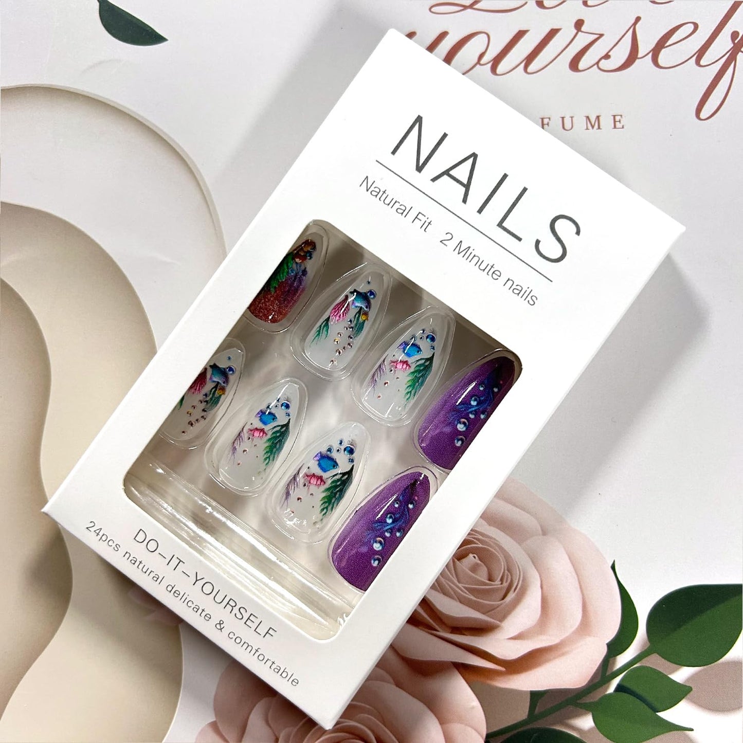 Press on Nails Almond Long Length Coral Water Grass and Cute Fish Pattern Design Almond Tip False Nail Purple Ocean Artificial Fingernails Full Cover Glossy Stick on Nail for Women Manicure