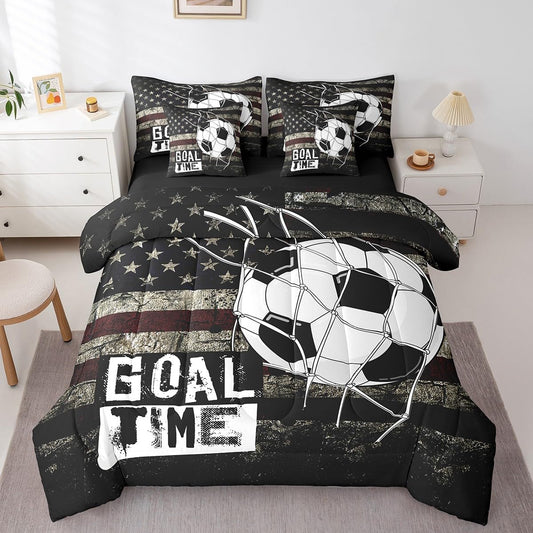 Erosebridal Football Twin Bedding Set 7-Piece American Flag Bed in A Bag with Sheets for Kids Boys Teens Soccer Sports Games Comforter Set United States Stripes Bedding Comforter Sets