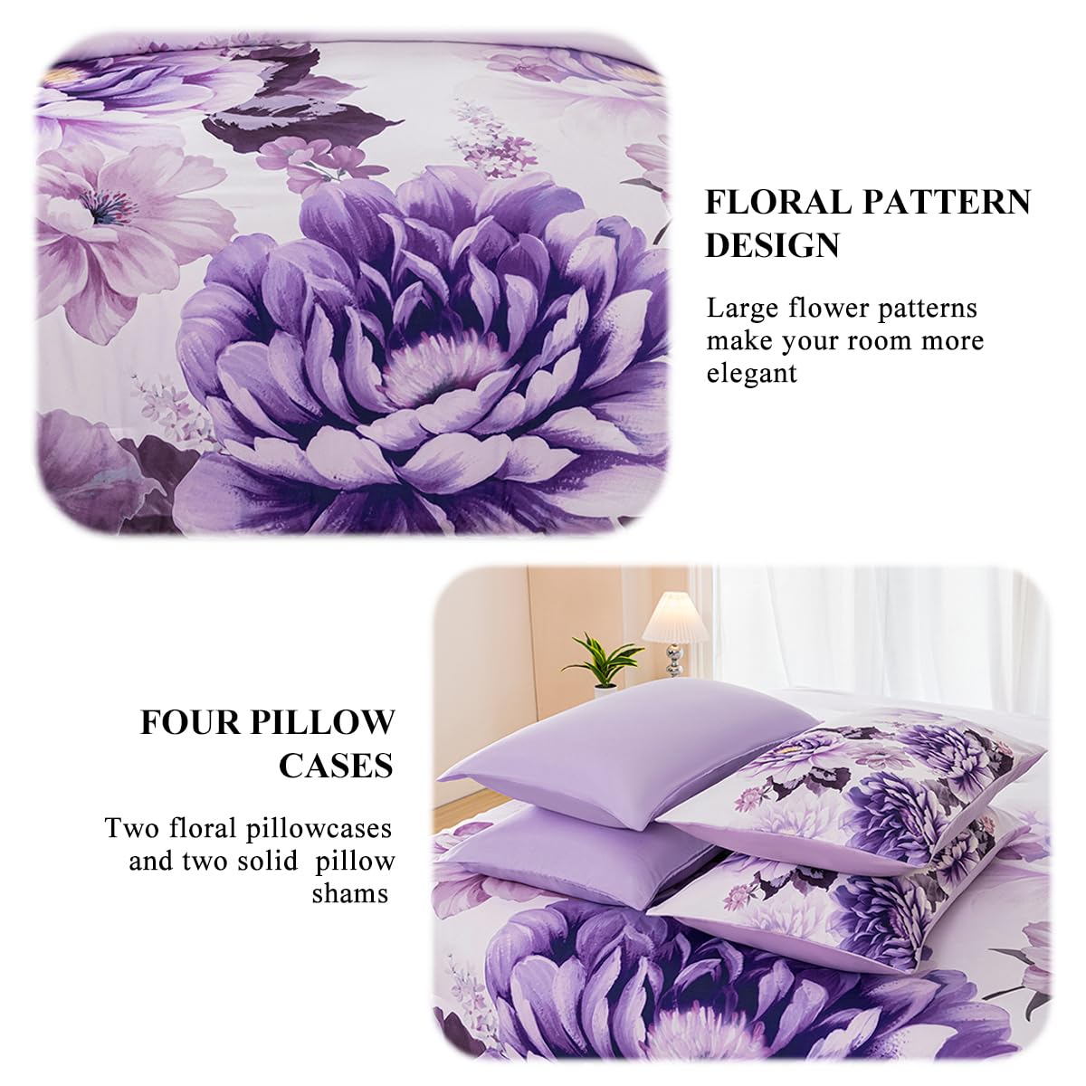 ZSYAYAHA Purple Comforter Set Queen 7 Pieces Floral Bedding Set for Women Flower Bed Set Soft Reversible Pink Peony Bed in A Bag with Sheets(Purple, Queen)