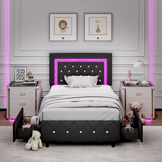 BarnFurin Twin Bed Frames with LED Lights and Storage Drawers, Upholstered Bed Frame with Diamond Headboard, Faux Leather Modern Platform Bed, Wooden Slats Support, No Box Spring Needed, Black