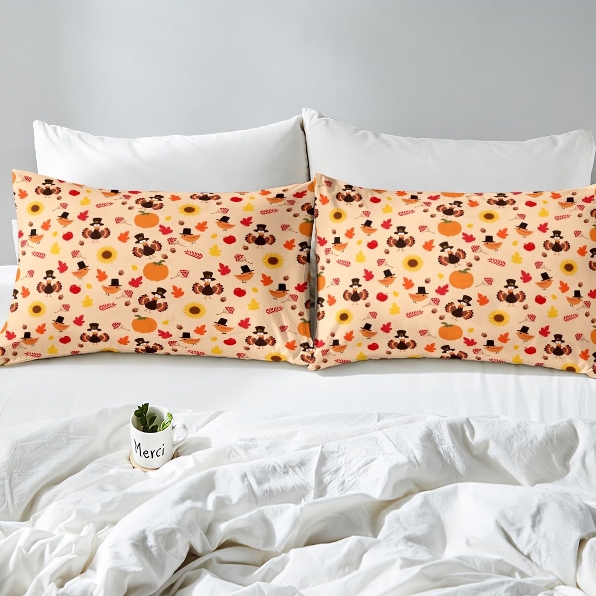 Happy Thanksgiving Fitted Sheet Full, Cartoon Turkey Bedding Set Fall Leaves Bed Sheet Set for Kids Boys Girls Pumpkin Bed Cover Harvest Season Bed Set 3Pcs (2 Pillow Cases and a Fitted Sheet)