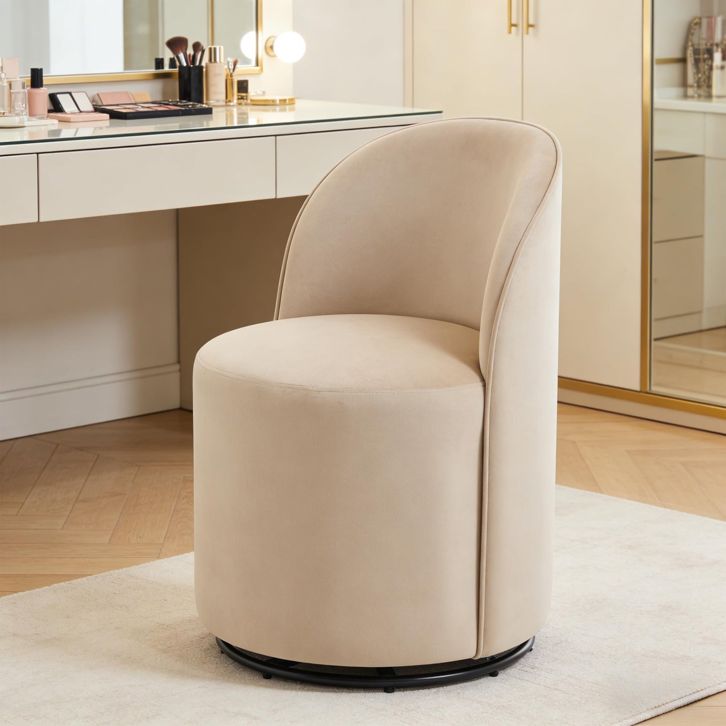 Orirsnug Modern Swivel Dining Chair Set of 1，Velvet Upholstered Swivel Barrel Chair with 360° Rotation, Comfy Round Armless Accent Vanity Side Chair for Kitchen/Dining Living Room/Bedroom, Khaki