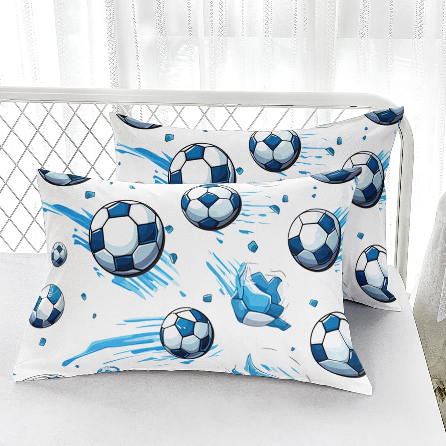 AILONEN Kids Soccer Full Size Fitted Sheet Set, Sport Football Bed Sheet, Blue Graffiti Bedding for Boys Adults, 1 Fitted Sheet With 2 Pillowcases, 3 Piece