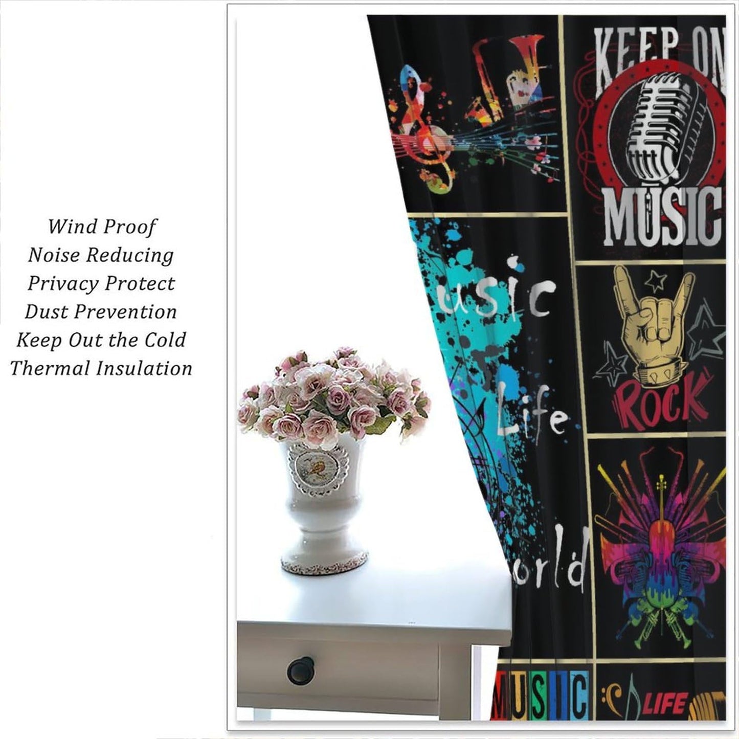 Music Note Curtains for Music Lovers,Rock and Roll Adults Kids Music Themed Art Window Treatments for Bedroom Living Room Musical Room Décor Drapes 2 Panels,Total Size 42" W x 45" H