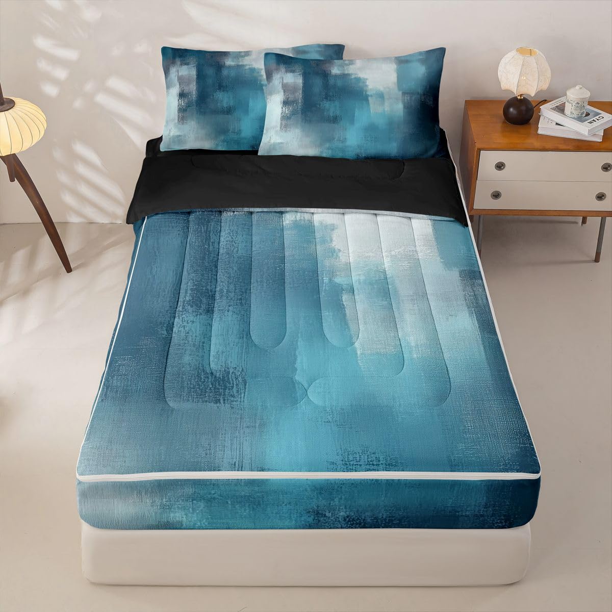 jejeloiu Abstract Zipper Bedding Twin Blue Zipper Bedding Sets for Kids Boys Girls Modern Art Comforter Set with Fitted Sheet and 2 Pillowcases Bedroom Decor