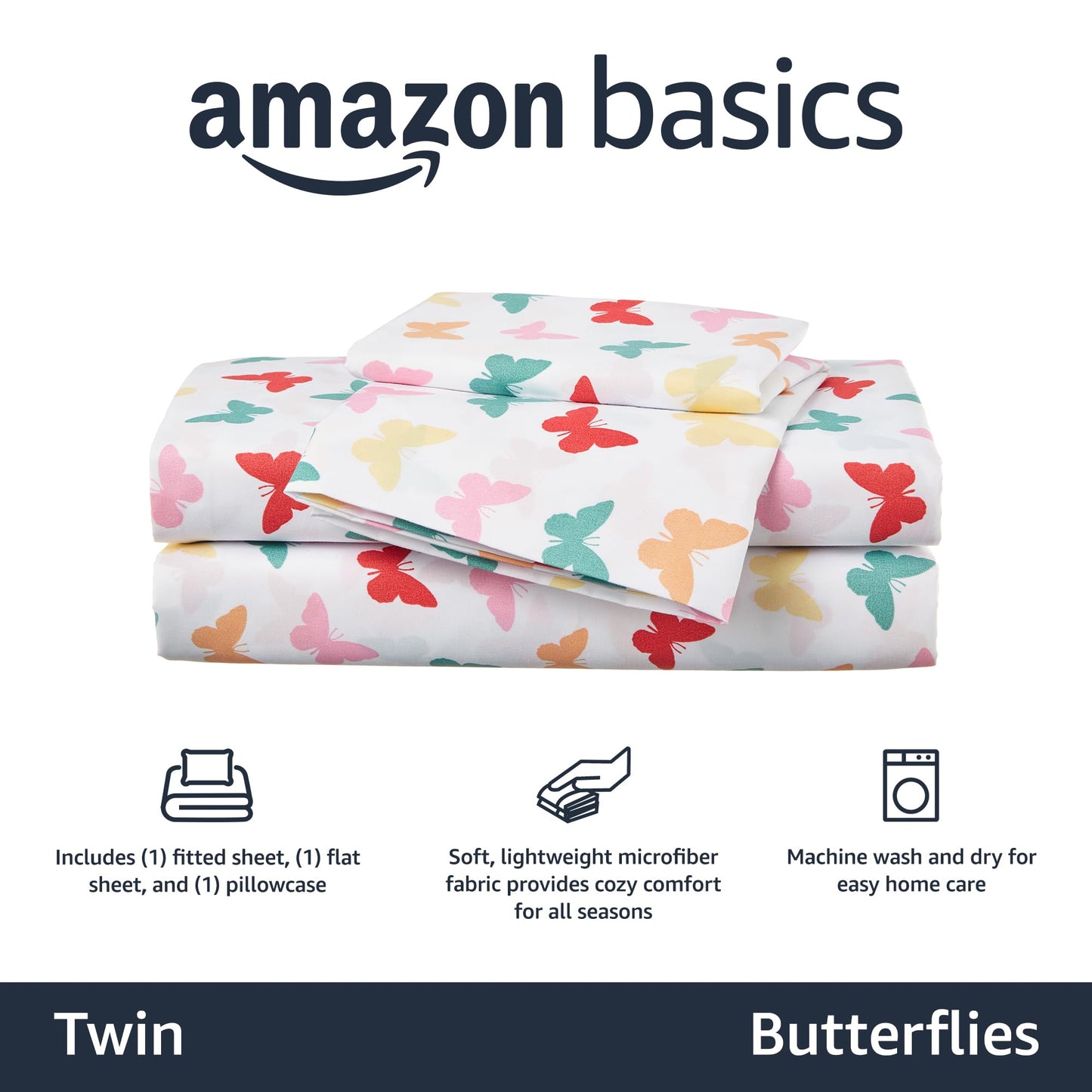 Amazon Basics Kid's Soft Easy-Wash Microfiber 3-Piece Sheet Set, Twin, Multi-Color Butterflies, Butterfly Friends, Printed