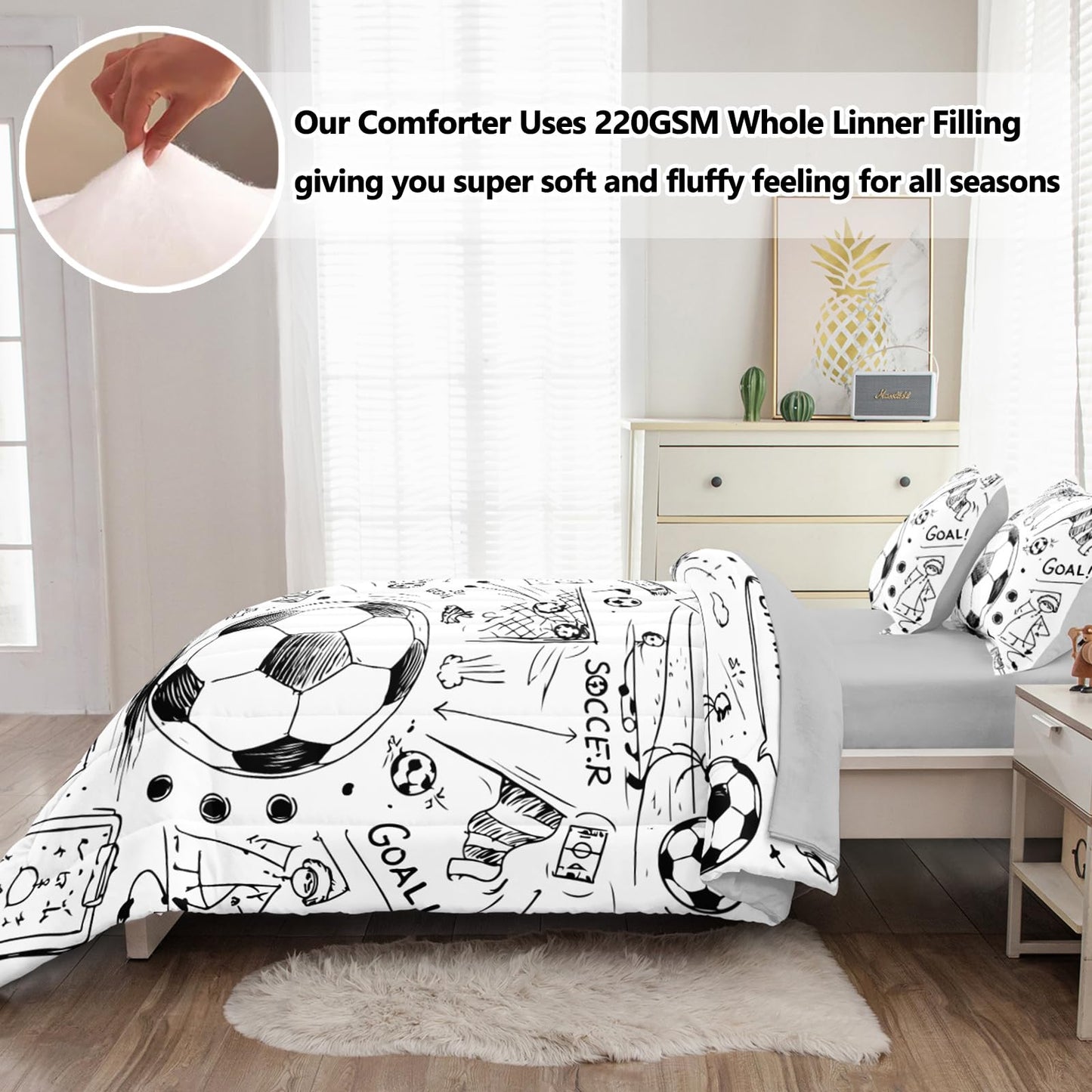 HICAND 5 Pcs Soccer Full Bedding Set for Boys Teens, Full Size Sports Sketch Style Soccer Boys Comforter Set with Sheets