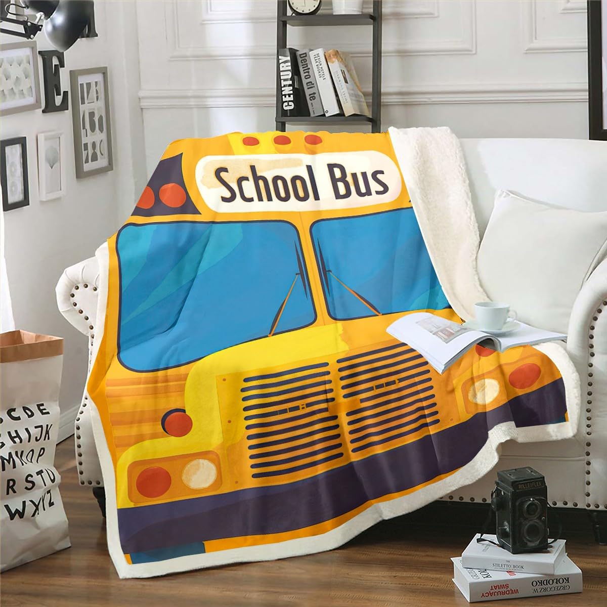 Feelyou School Bus Fleece Throw Blanket Bus Pattern Sherpa Blanket for Kids Boys Vehicles Truck Car Girls Plush Blanket Durable Fuzzy Blanket for Sofa Bed Couch Yellow,Baby 30x40 Inches