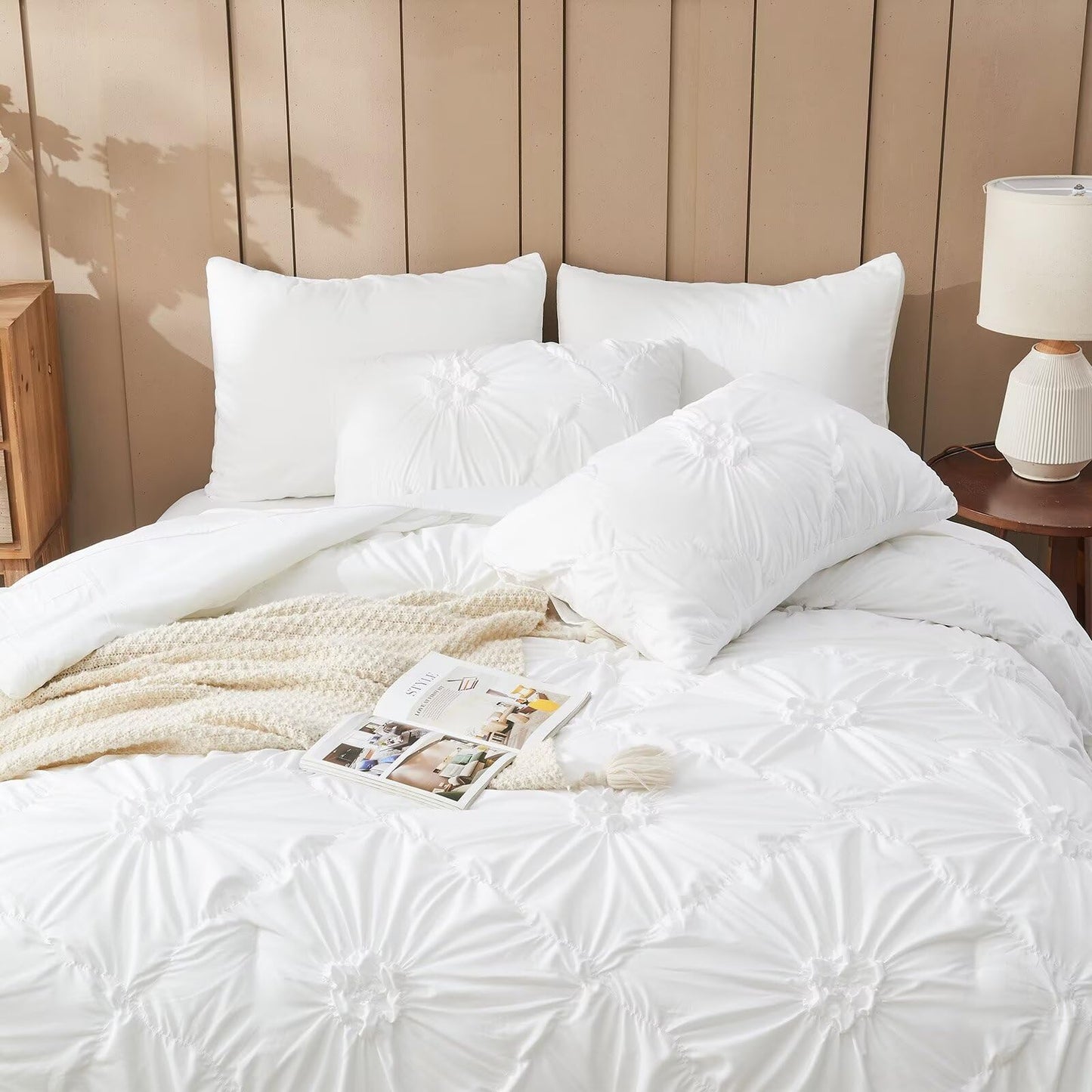 Jameswish White Comforter Set Queen Size Bed in A Bag 7 Piece Pinch Pleat Bedding Set,Pintuck Ruched Flowers Bed Set with Comforter, Sheets, Pillowcases & Shams