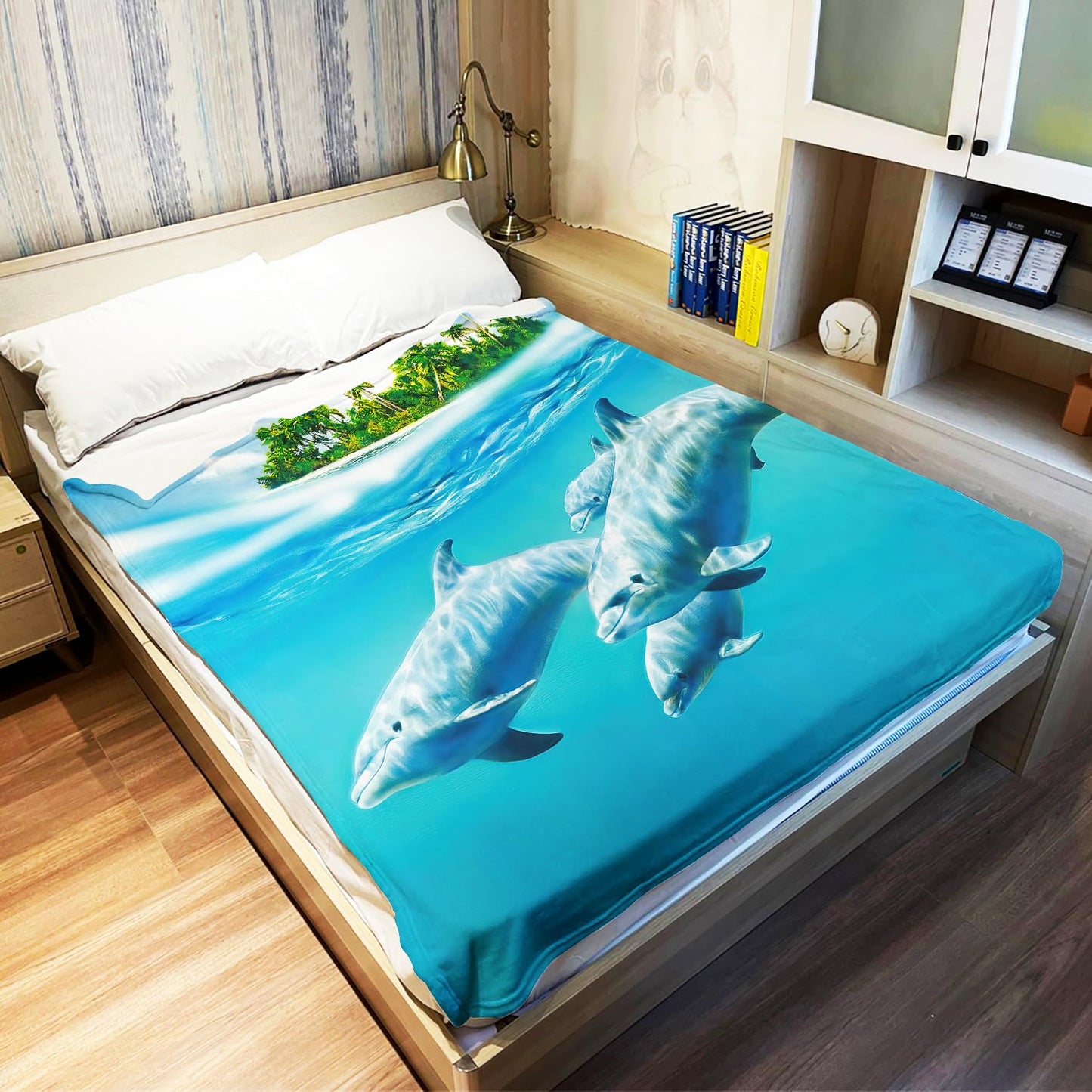 OHTMTHO Tropical Dolphins Throw Blanket, Soft Warm Cozy Fleece Blanket for Couch Bed, 60" x 80", Blue