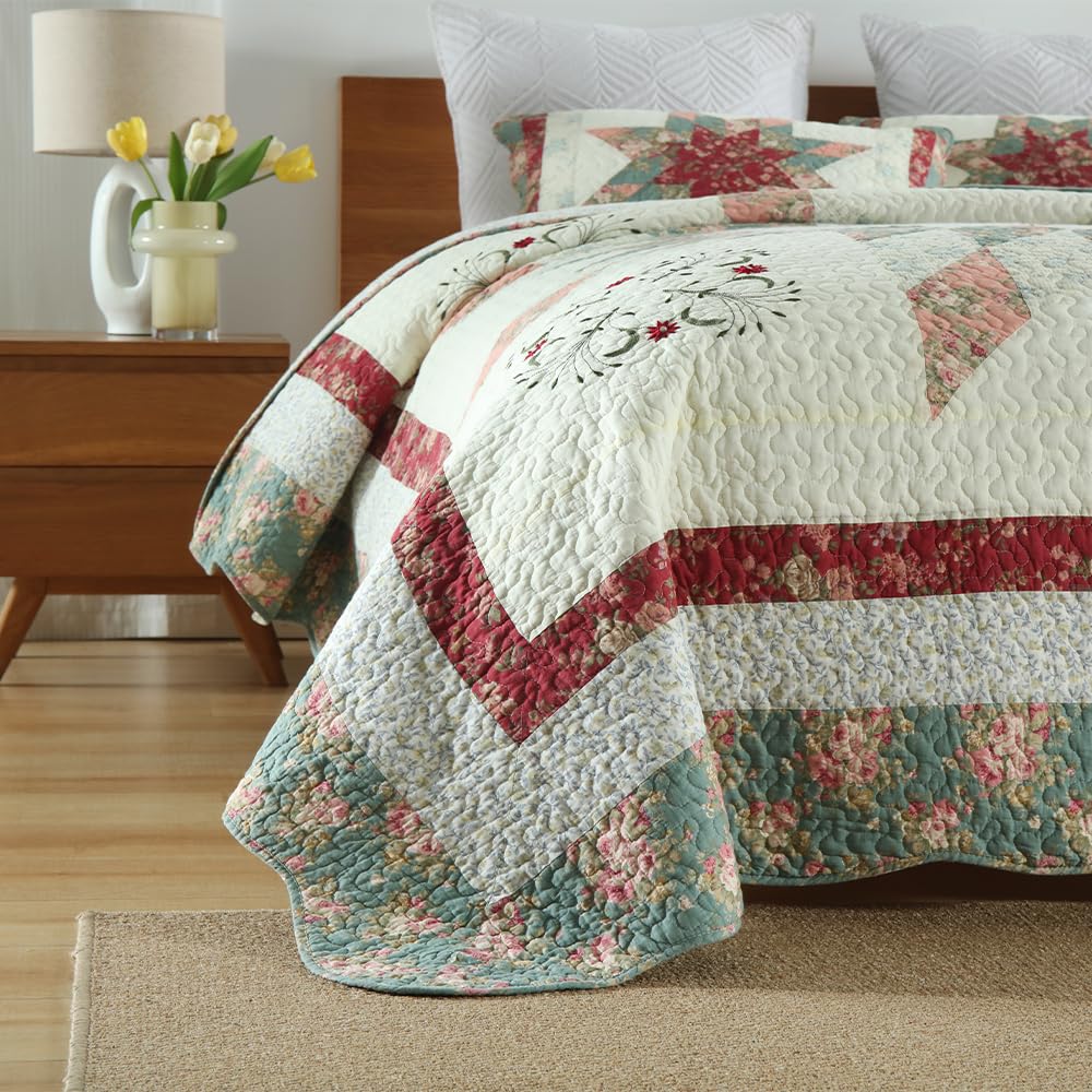 camandy Cotton Bedspread Quilt Bedding Sets, 3 Pieces Reversible Coverlets Comforters Star with Red Floral Real Patchwork Bedspread,Queen Size