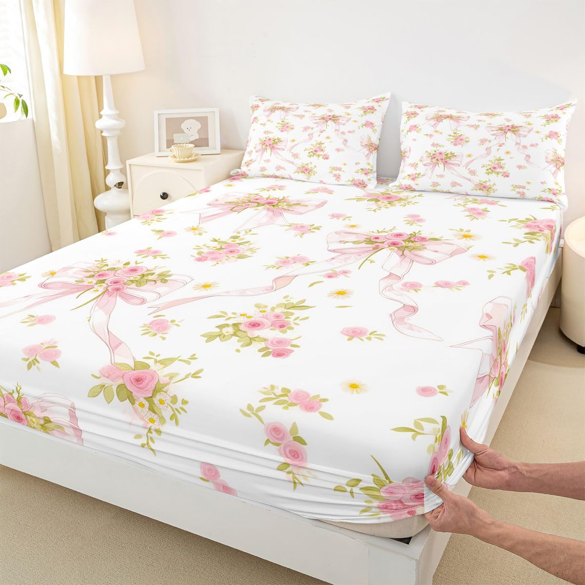 Erosebridal Boho Flowers Leaves Sheet Set Farmhouse Leaf Flower Rustic Twin Sheets Set for Preteen Boys Girls,Cartoon Kawaii Watercolor Bow Bohemian Floral Bow Tie Fitted Sheet