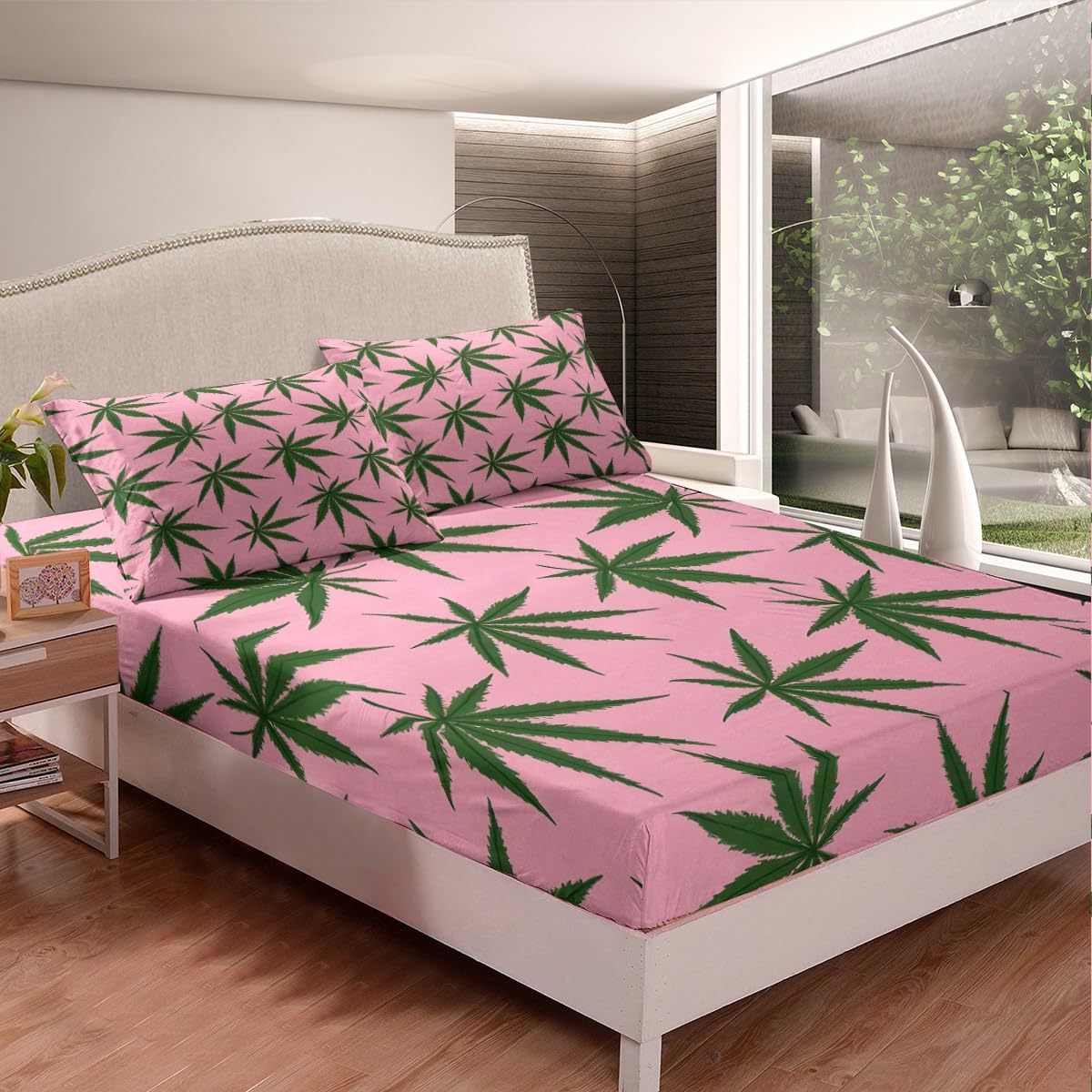 Feelyou Marijuana Leaf Bed Sheets Pink Cannabis Leaves Bed Sheet Set for Girls Women Adults Marijuana Weed Green Leaf Bedding Set Botanical Hemp Fitted Sheet Bedroom Collection 3Pcs Full Size